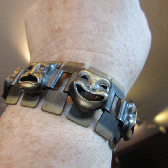 Vintage Handmade Bronze Metal Tragedy and Comedy Bracelet - Picture 3 of 6